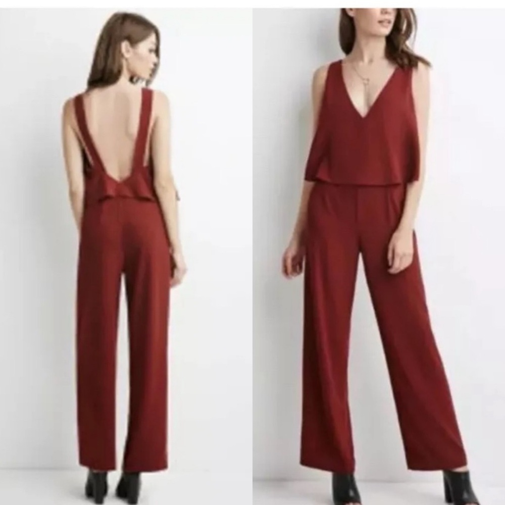 Forever 21 V-neck Layered Crepe Open-back Jumpsuit